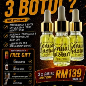 set 3 Botol Wangian Raja Kasturi Free 1 Botol Wangian Mani Gajah,tabih digital,pati saraf