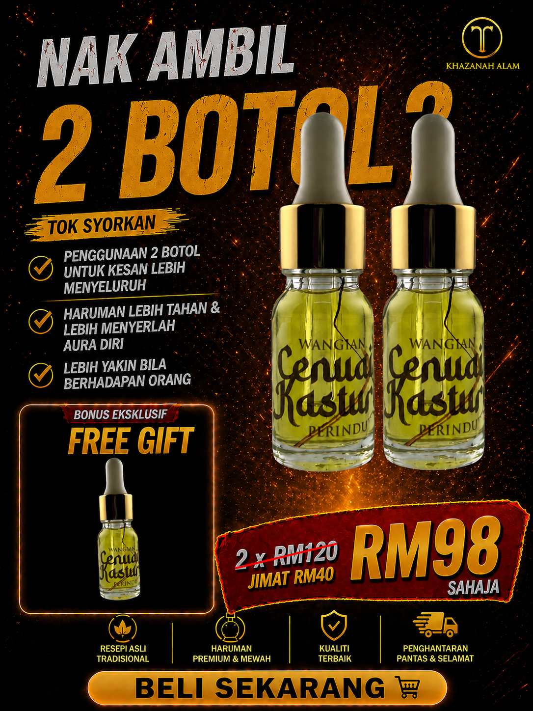 set 2 Botol Wangian Raja Kasturi Free 1 Botol
